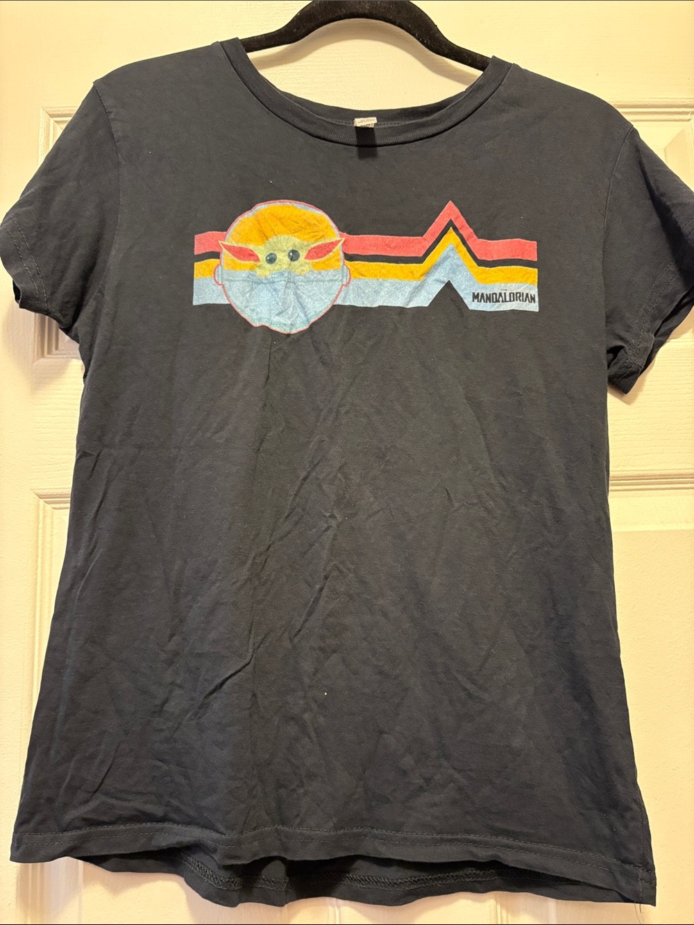 The Mandalorian 'Grogu' Retro Stripe Short Sleeve Tee - Black